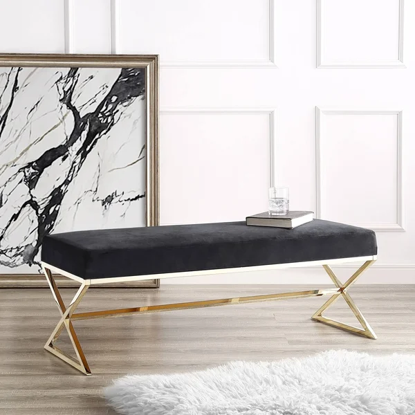 Inspired Home della Entryway Velvet Bench with Gold or Chrome X-Legs, Size: Black/ Gold