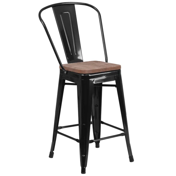 Flash Furniture 24x22 High Metal Counter Height Stool with Back and Wood SEAT, White