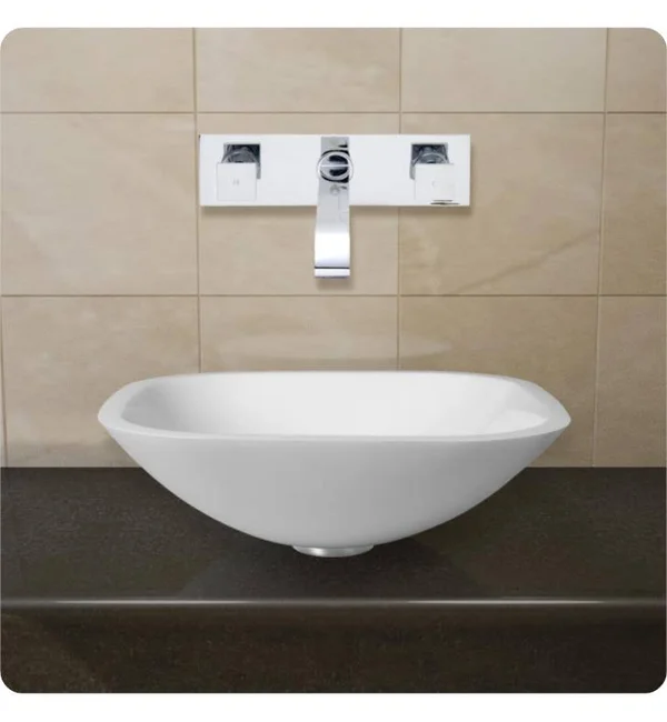 Vigo VGT221 Square Shaped White Phoenix Stone Glass Vessel Sink with Wall Mount Faucet - Chrome