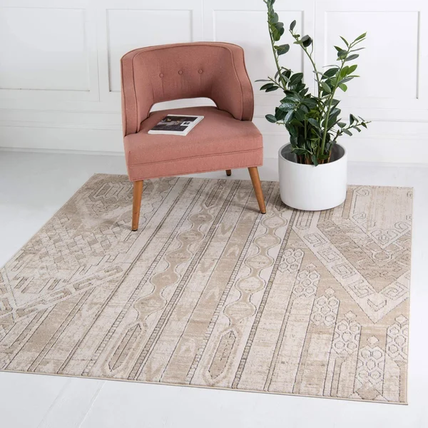 Southwestern Grand Canyon Aztec Area Rug 5 ft Round, Tan