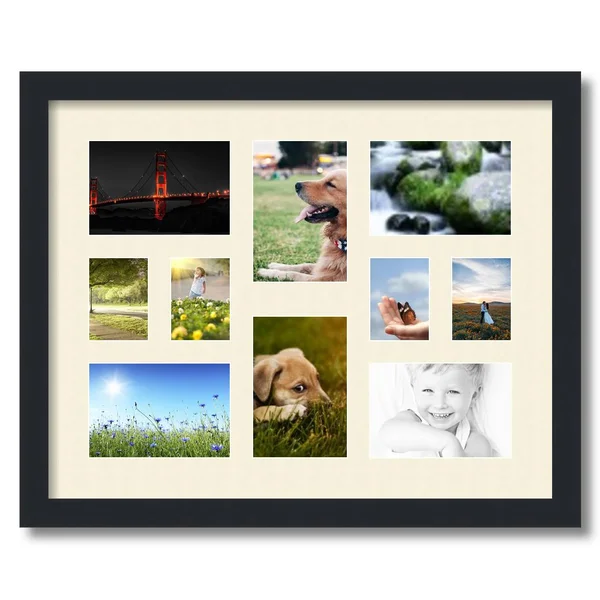 Collage Picture Frame, Satin Black Frame with 10 openings for 4x6 Photos with White Ivory Mat. D3926FY401, ArtToFrames