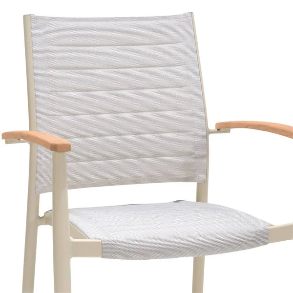 Armen Living LCPLCHNAT Portals Outdoor Coral Sand Aluminum Stacking Dining Chair with Teak Arms - Set of 2