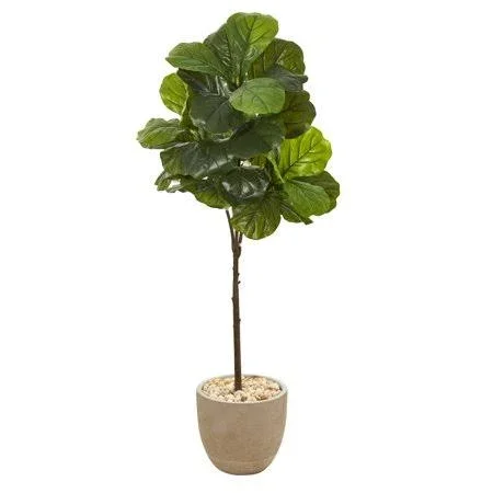 Nearly Natural 51in. Fiddle Leaf Artificial Tree in Sandstone Planter (Real Touch)