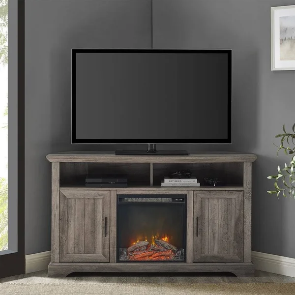 Walker Edison Gray Wash Grooved Door Fireplace Media Console One-Size