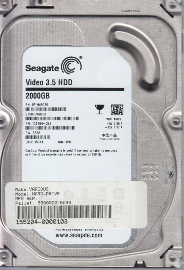ST2000VM003 - W1H, WU, PN 1CT164-262, FW ES22, Seagate 2TB SATA 3.5 Hard Drive