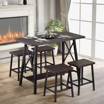 5-Piece Bar Table Set, Counter Height Bar Table with 4 Bar Stools, Bistro Style Bar Table and Stool, Espresso Latitude Run