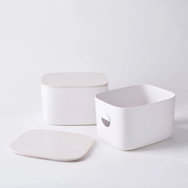 Open Spaces Multi-Purpose Storage Bins with Wooden Lids (Set of 2) - Ivory - Medium