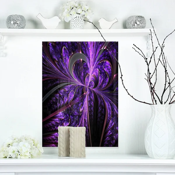 Design Art Embossed Dark Purple Floral Shapes - Large Floral Glossy Metal Wall Art - Size: 12