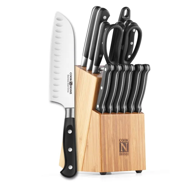 Cook N Home 02630 15-Piece Knife Set with Bamboo Storage Block, Stainless STEE Silver