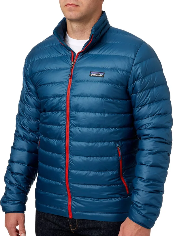Patagonia Down Sweater Jacket - Men's Big Sur Blue/Fire Red - M