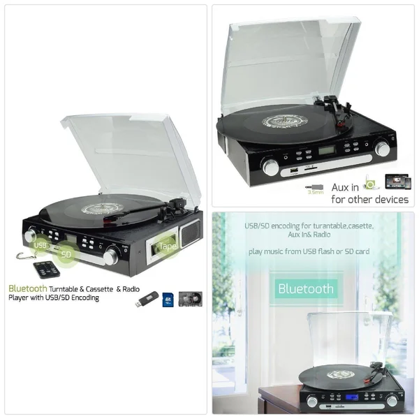 Digitnow Bluetooth Viny Record Player Turntable, Cassette, Radio and AUX in with USB Port and SD Encoding Remote Control, Built in