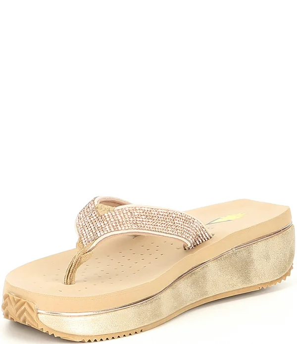 Volatile Eleanor Womens Leather Rhinestone Wedge Sandals, Rose/Gold