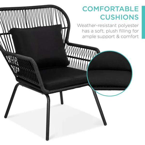 Best Choice Products 3-Piece Patio Conversation Bistro Set, Outdoor Wicker w/ 2 Chairs, Cushions, Side Table - Black