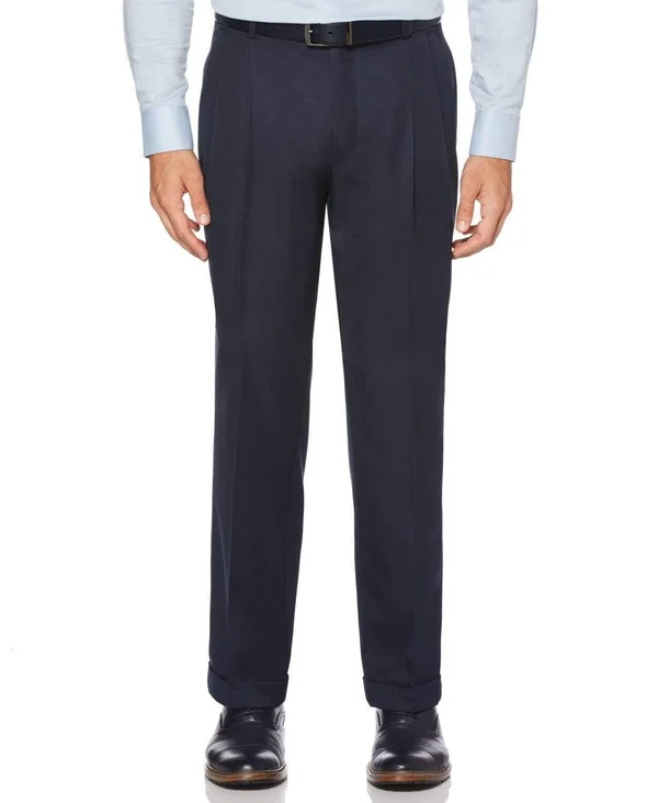 Perry Ellis Portfolio Men's Classic/Regular Fit Elastic Waist Double Pleated Cuffed Dress Pants - Twilight