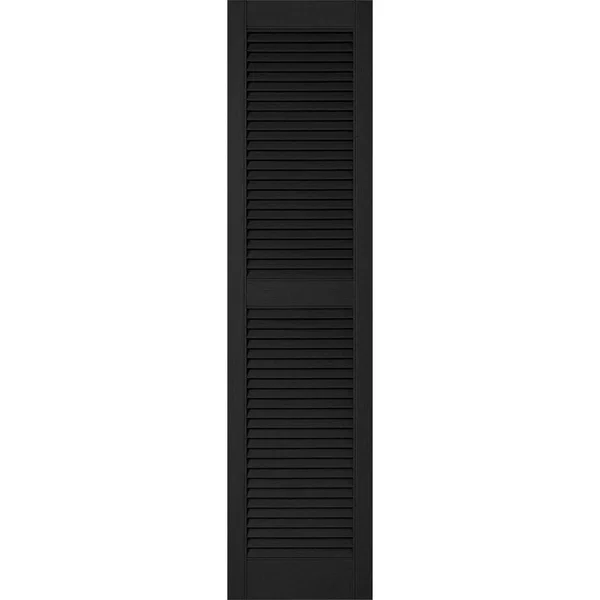 12 inchw x 66 inchh Lifetime Vinyl, Custom Straight Top Center Mullion, Open Louver Shutters, Black