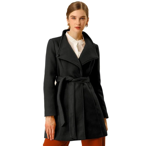 Women's Stand Collar Winter Belted Long Coat - Fuchsia - Xs