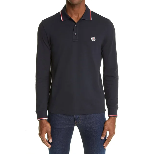 Men's Moncler Tipped Long Sleeve Piqué Polo - Size X-Large - Blue