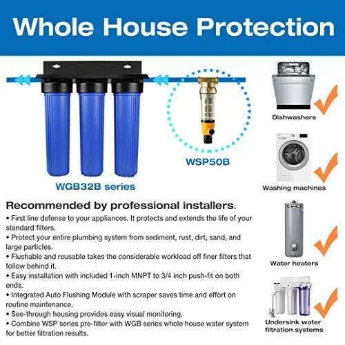 iSpring WSP100B Large Reusable Whole Spin-Down Sediment Water Filter with Scraper and Brass Top Clear Housing - 100 Micron
