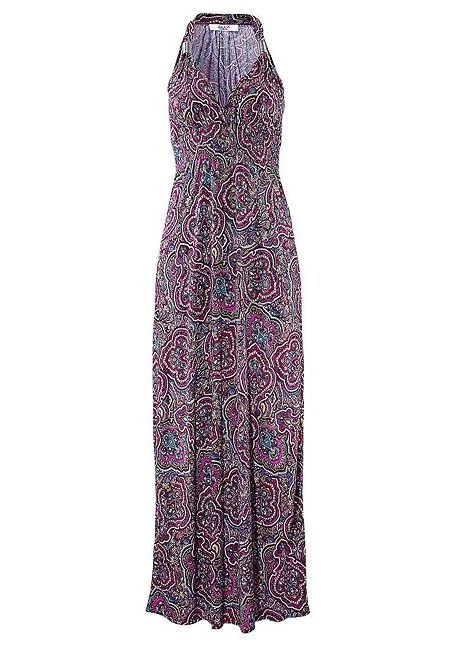 Long Summer Dress with Unique Print - V-Neck and Empire Waist, Size 14