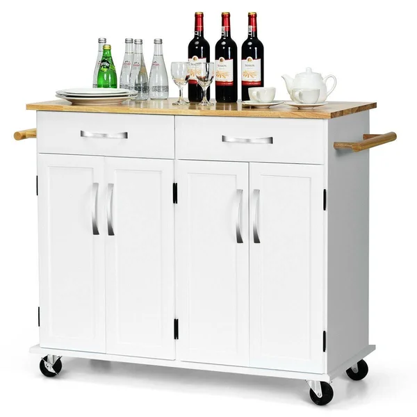 Costway Kitchen Trolley Island Utility Cart Wood Top Rolling Storage - White