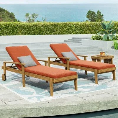78.75x22 Long Reclining Acacia Single Chaise with Cushions Union Rustic Cushion Color: Orange