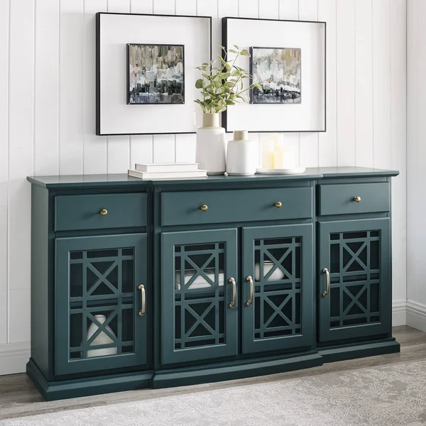 Selma Transitional 3 Tiered Ornate Fretwork Door Sideboard Dark Teal - Saracina Home