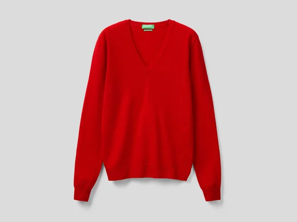 Benetton - Sweater with V-Neck in Pure Virgin Wool, Size S, Red, Women