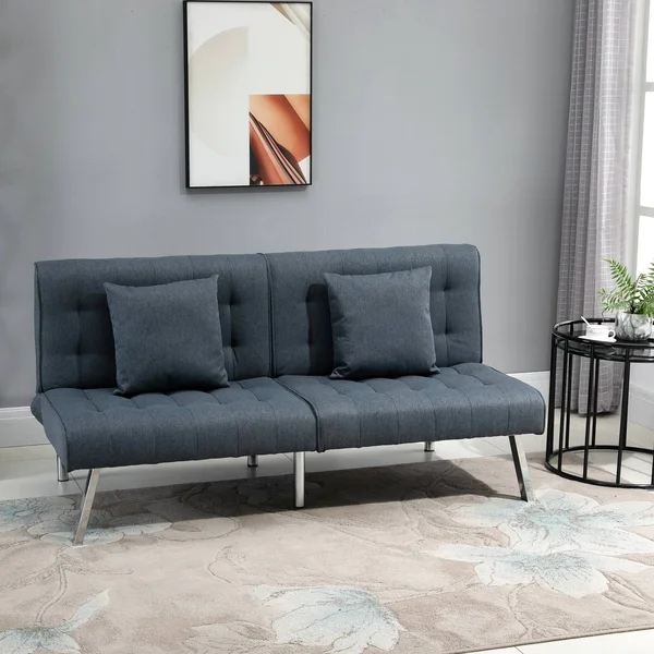 HOMCOM 2-Seater Convertible Sofa Bed with 7 Adjustable Angled Backrest Levels, 2 Pillows, and 5 Steel Legs - Grey