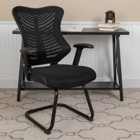Designer Black Mesh Sled Base Side Reception Chair with Adjustable Arms [bl-zp-806c-gg] - Size: 26.25 W x 26.75 D x 40.5 H