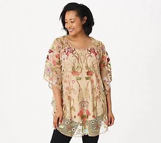 Tolani Collection Embroidered Mesh Caftan Tunic, Size Small, Beige