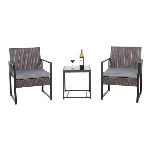 SOLIDEE 3 Piece Patio Furniture Set - PE Wicker Rattan Conversation Set with Beige Cushions and Glass Side Table, Outdoor Bistro
