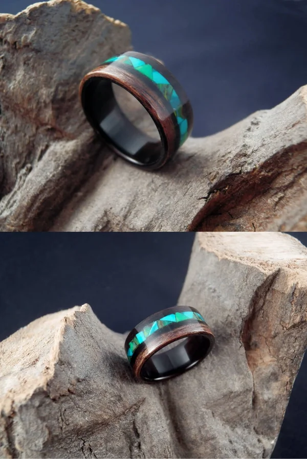 Bentwood Macassar Ebony Wooden Ring with Green - Emerald Mosaic Style Inlay - Men's Wood Ring - Women's Wood Ring, Green Inlay