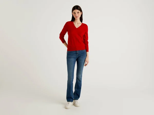 Benetton - Sweater with V-Neck in Pure Virgin Wool, Size S, Red, Women