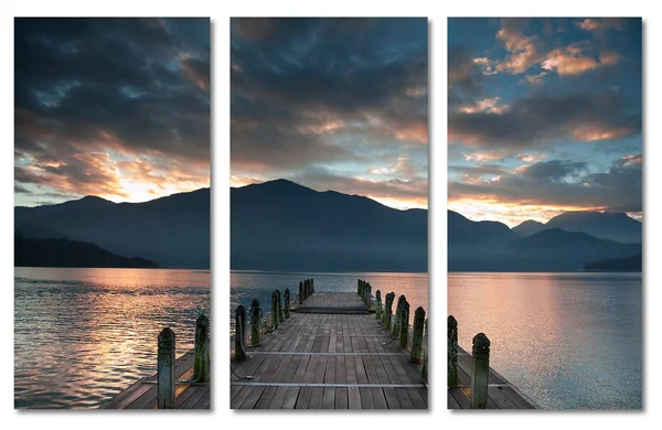 30 x 20 - Cloudy Lake Docks During Sunset Canvas Print - 3 Panel Split, Triptych Wall Art