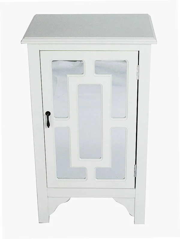 Antique White Wood Mirrored Glass Accent Cabinet with A Door and Mirror Inserts