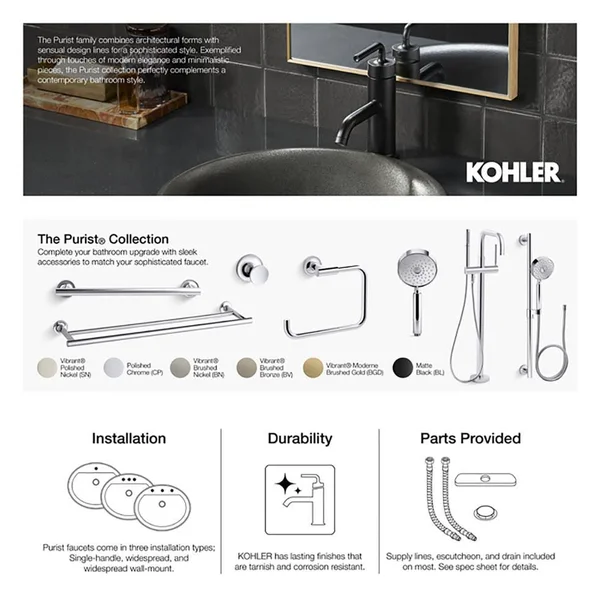 KOHLER K-11891-SN Purist 12 In. Grab Bar - Vibrant Polished Nickel
