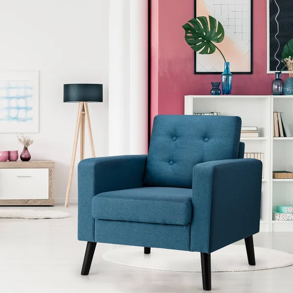Costway Modern Tufted Accent Chair Fabric Armchair Single Sofa w/ Rubber Wood Legs Blue