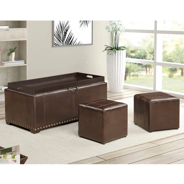 AC Pacific Leather Nailhead Storage Ottoman Bench Cube Set - Brown
