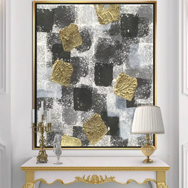 Designart &Gold Glamour Squares I& Modern & Transitional Framed Canvas - Black - 16 in. Wide x 32 in. High - White