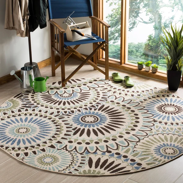 Safavieh Veranda Cream & Blue 6&-7x22 x 6&-7x22 Round Indoor/Outdoor Rug