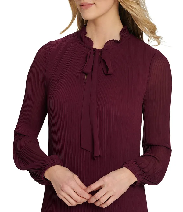 Dkny Long Sleeve Tie Neck Pleated Shift Dress - Maroon