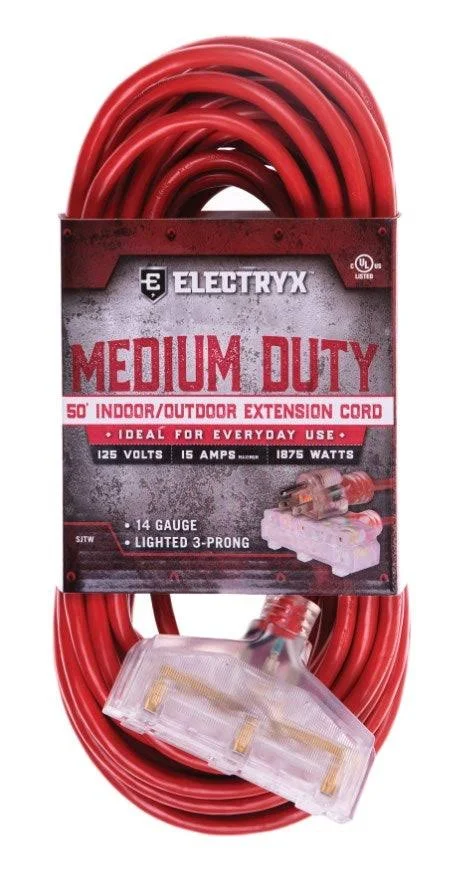 Electryx 50' Medium Duty Indoor/Outdoor 3 Plug Extension Cord - 14 Gauge - Red EL-5014TRRD