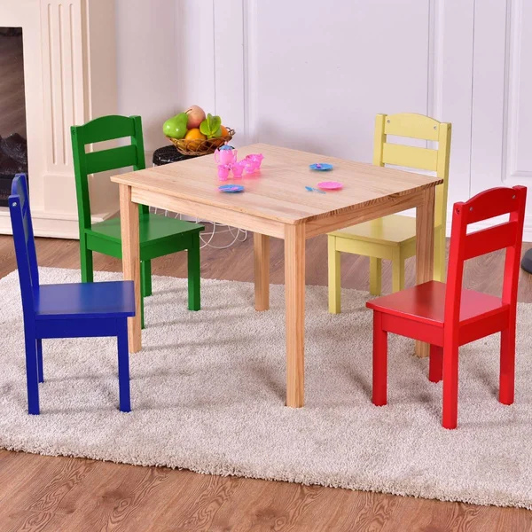 5 Pcs Kids Pine Wood Multicolor Table Chair Set