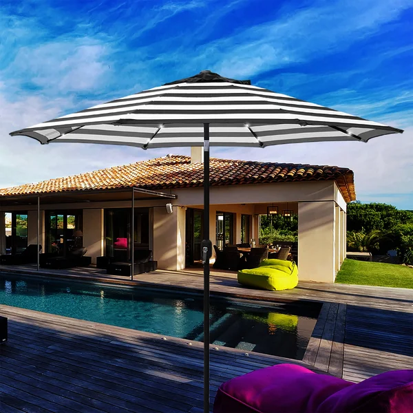 Maypex 9 ft. Steel Market Crank and Tilt Round Solar Light Patio Umbrella in Black and White