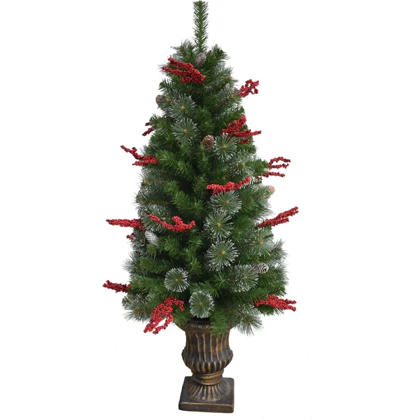 Fraser Hill Farm Tartan Christmas 5-Piece Decorating Kit: Frosted Wreath - Lightly Frosted Tree, Pre-Lit Lantern, Sleigh, and Gif