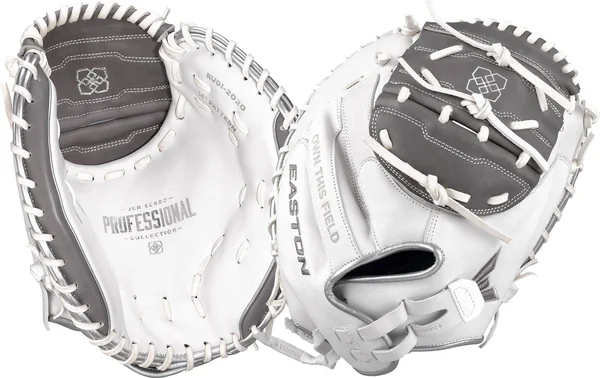 Easton Pro Signature Jen Schroeder 34x22 Fastpitch Softball Catcher Mitt RUD 1 Piece White/Grey 34 Right Hand