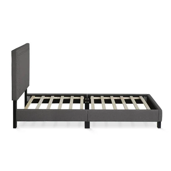 Furinno Laval Double Row Nail Head Bed Frame - 12pc Slat Style, Stone, Twin