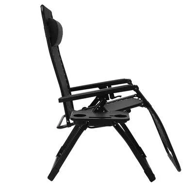 Outdoor Patio Folding Zero Gravity Lounge Chair, Camp Reclining Chair with Pillow and Cup Holder, Black Arlmont & Co.