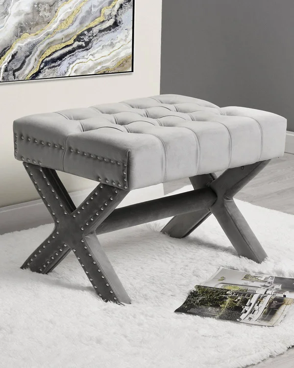 Inspired Home Tufted Velvet X-Leg Ottoman