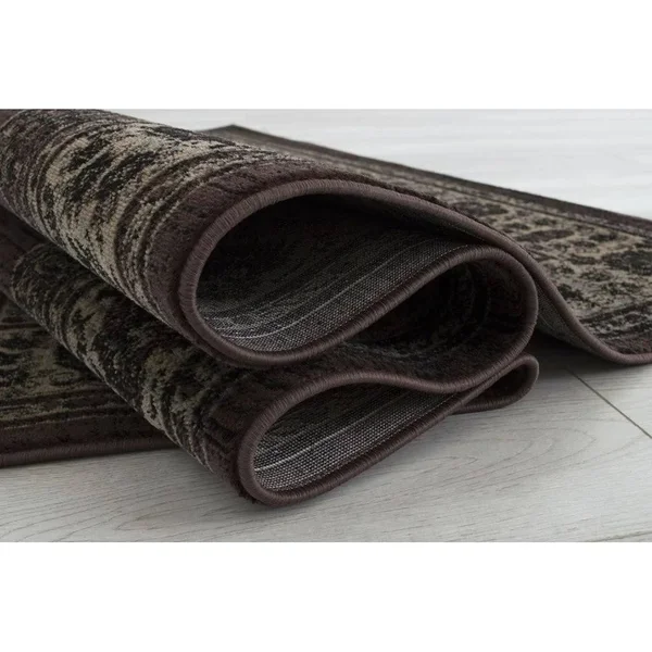 Allstar Rugs Distressed Espresso and Black Rectangular Accent Area Rug with Mocha Persian Design - 7& 6x22x9& 8x22